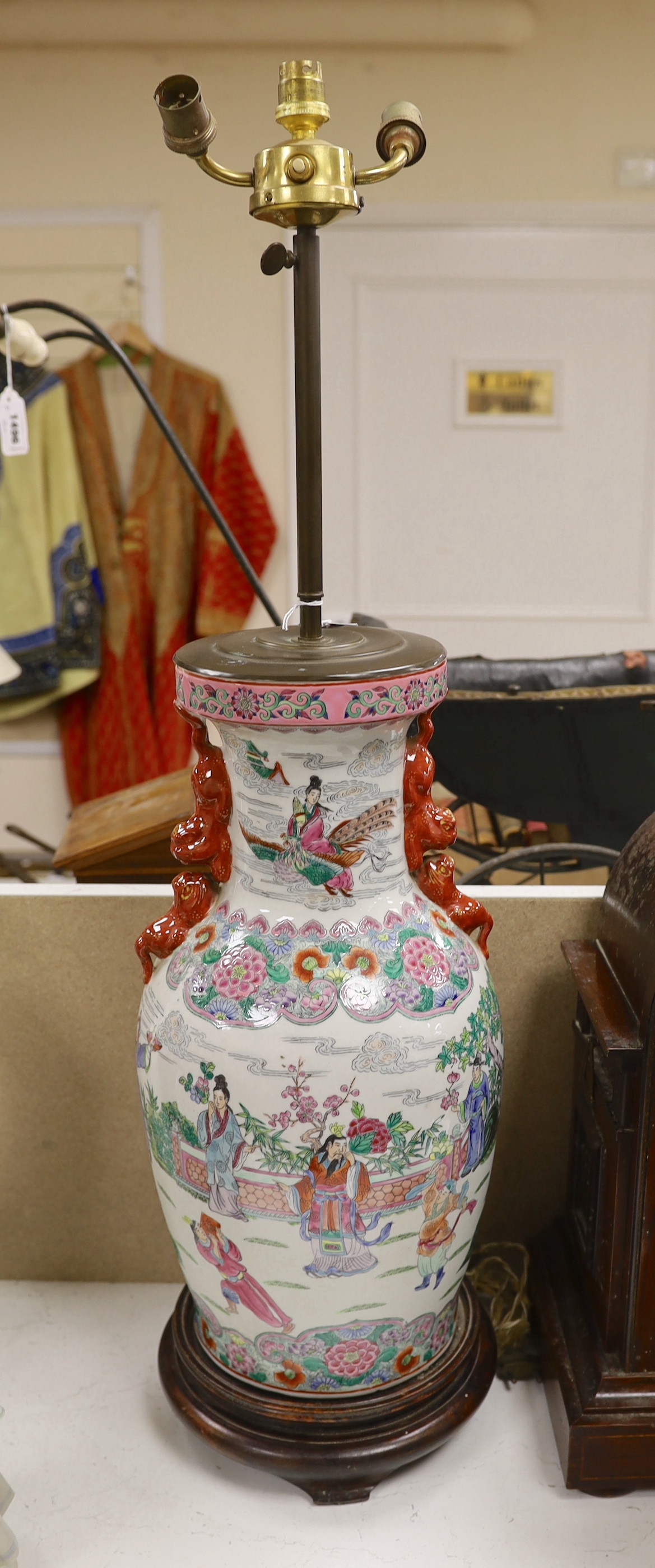 A Chinese famille rose ‘immortals’ vase converted to a lamp, 54cm to top of vase